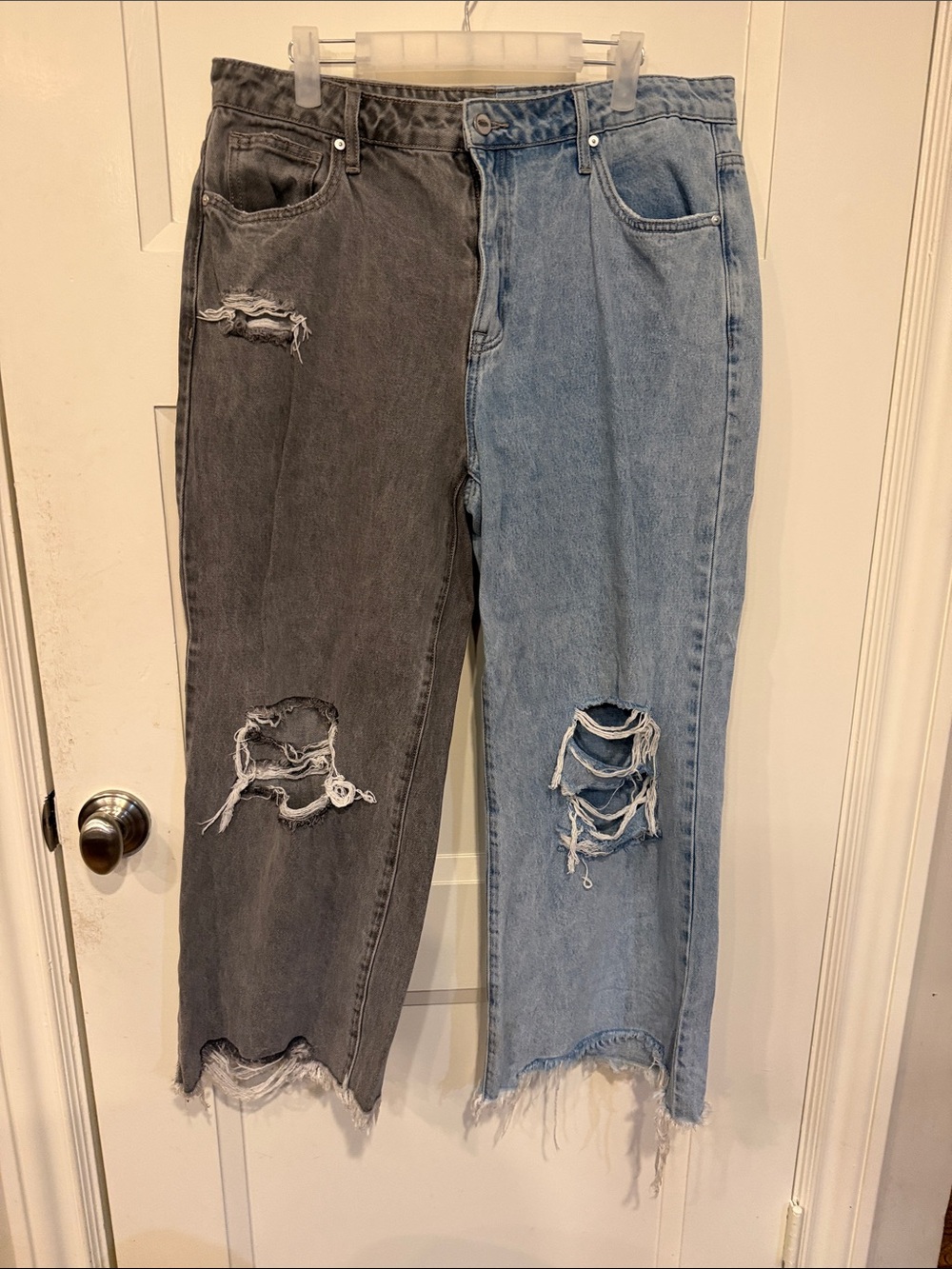 Two-Tone Straight Leg Jeans in Black & Light Blue